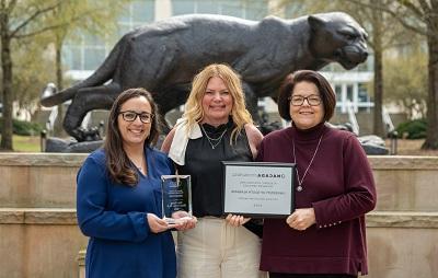 The Academic Advising and Transfer Services office at the University of South Alabama, led by Associate Director Patricia Davis, left, and Executive Director Catherine Preston, center, recently received the 2024 Advising Innovation Award from the National Academic Advising Association. Nani Perez-Uribe, right, transfer coordinator, was named as one of four Rising Stars by the National Institute for the Study of Transfer Students. 